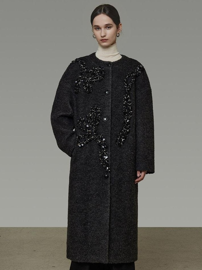unspoken Warm 3D Embellished Loose Minimalist Commuter Long Women Deep Gray Wool Coats