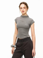 ikyou Cooling Wrinkle Free Slim Crop Half High Neck Solid Short Sleeve T-Shirts