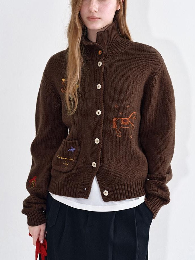 fano Soft Wool Blend Knit Commuter Loose Fit Stand Collar Women Brown Cardigans