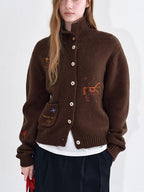 fano Soft Wool Blend Knit Commuter Loose Fit Stand Collar Women Brown Cardigans