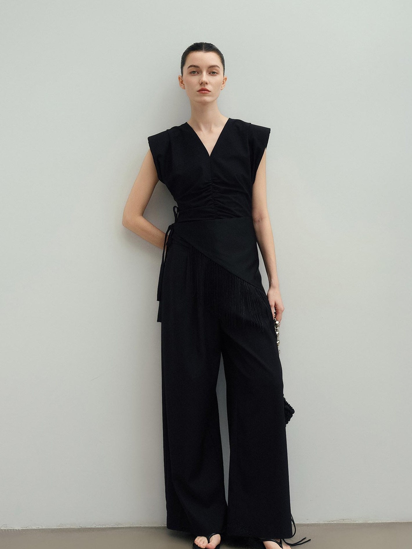 audreyyang Eco Viscose Relaxed Minimalist Workwear Natural Waist Zip Women Wide Leg Pants