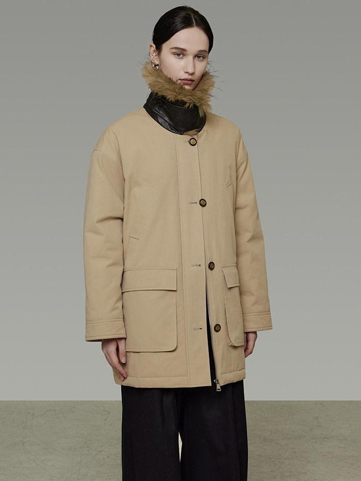 unspoken Thick Cotton Oversized Midlength Single Breasted Khaki Puffer Jackets