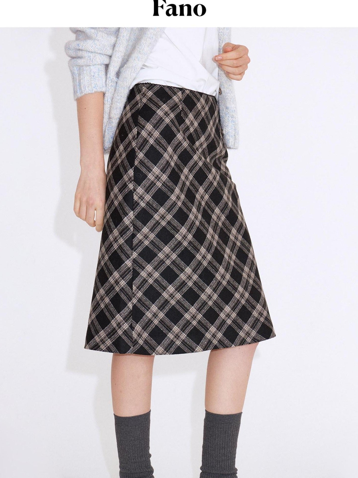 fano Cozy High Waist Wool Blend Plaid H Line Casual Women Midi Skirts