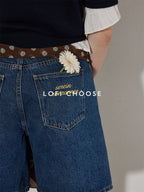 Lofi choose Washed High Waist Loose Fit Micro Stretch Women Casual Blue White Denim Shorts