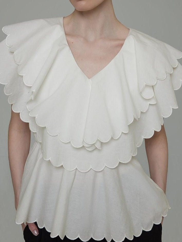 unspoken Breathable Cotton Blend Ruffle Collar Loose Minimal Commuter Women Blouses