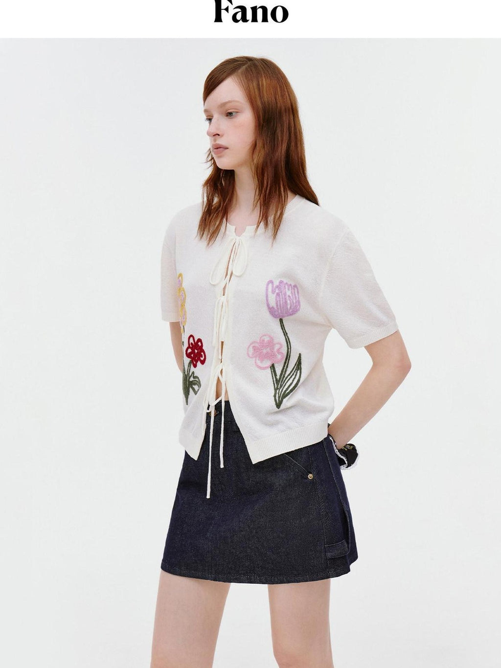 fano V-neck Tie Front Floral Short Sleeve Korean Loose Fit Women Beige Cardigans
