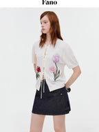 fano V-neck Tie Front Floral Short Sleeve Korean Loose Fit Women Beige Cardigans