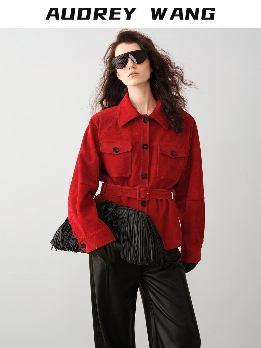 audreyyang Premium Lambskin Loose Fit Lapel Button Women Chinese Red Cropped Jackets