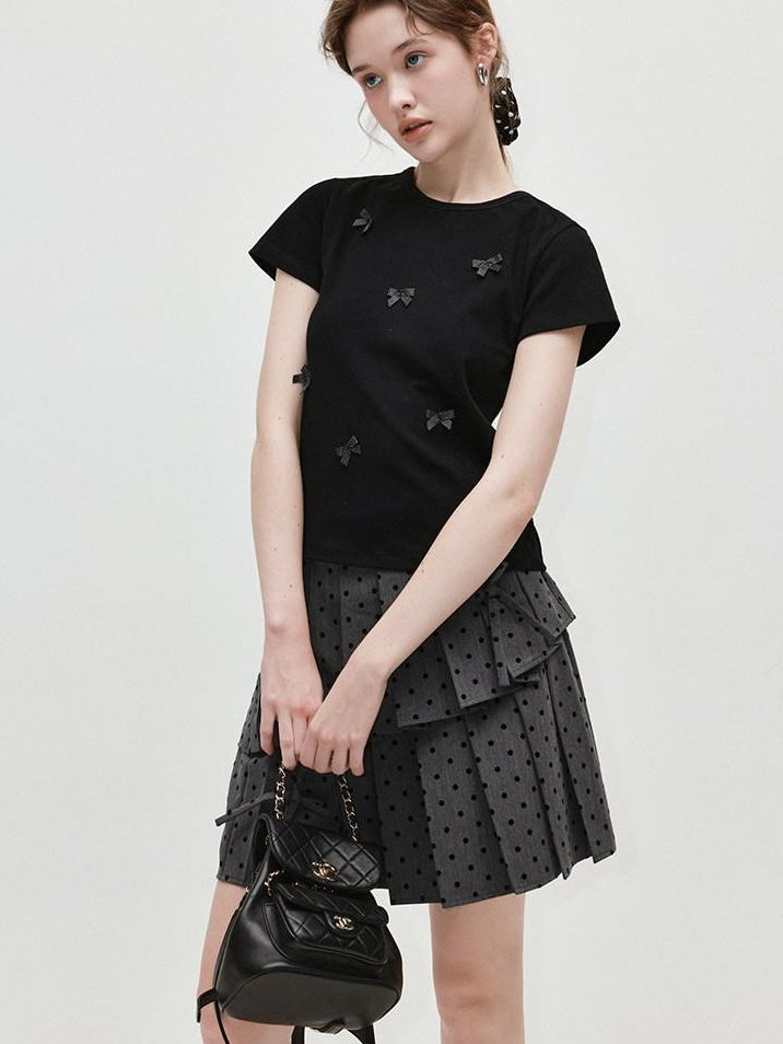 fano Soft Cotton Spandex Korean Patchwork Slim Womens Bow Neck Short Sleeve T-Shirts