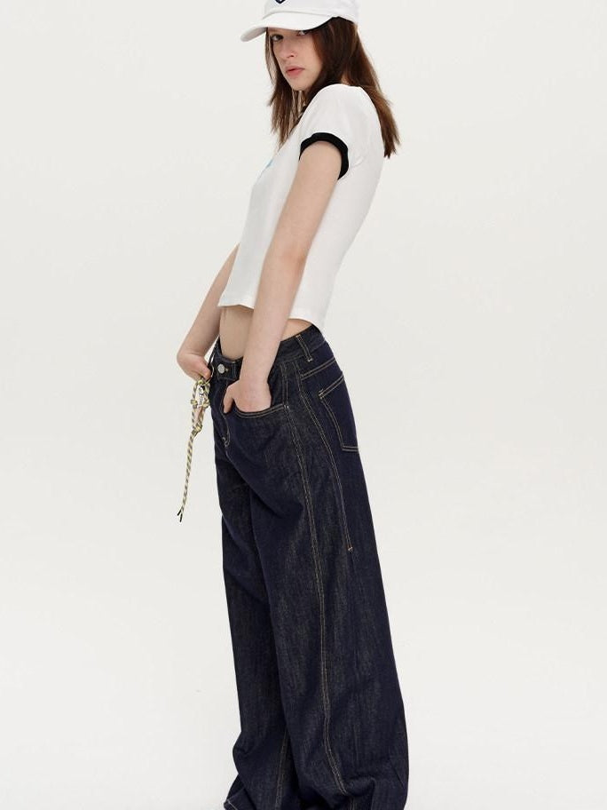 fano Micro Stretch Cotton Relaxed Natural Waist Pear Fit Dark Denim Wide Leg Jeans