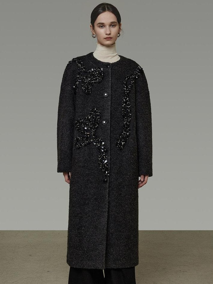 unspoken Warm 3D Embellished Loose Minimalist Commuter Long Women Deep Gray Wool Coats