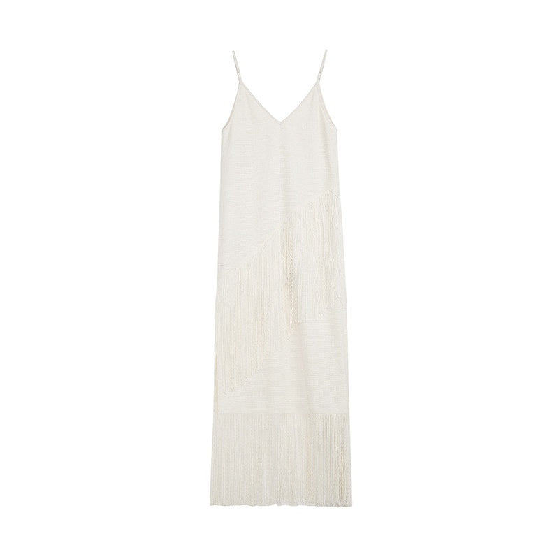 unspoken_Tassel_Trim_High_Waist_V-neck_A_Line_Strappy_Office_Beige_Polyester_Midi_Dresses_MISSTT