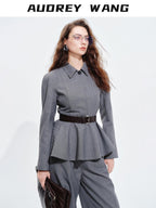 audreyyang Shape Retaining Cinched Waist Herringbone Lapel Women Wool Blend Cropped Jackets