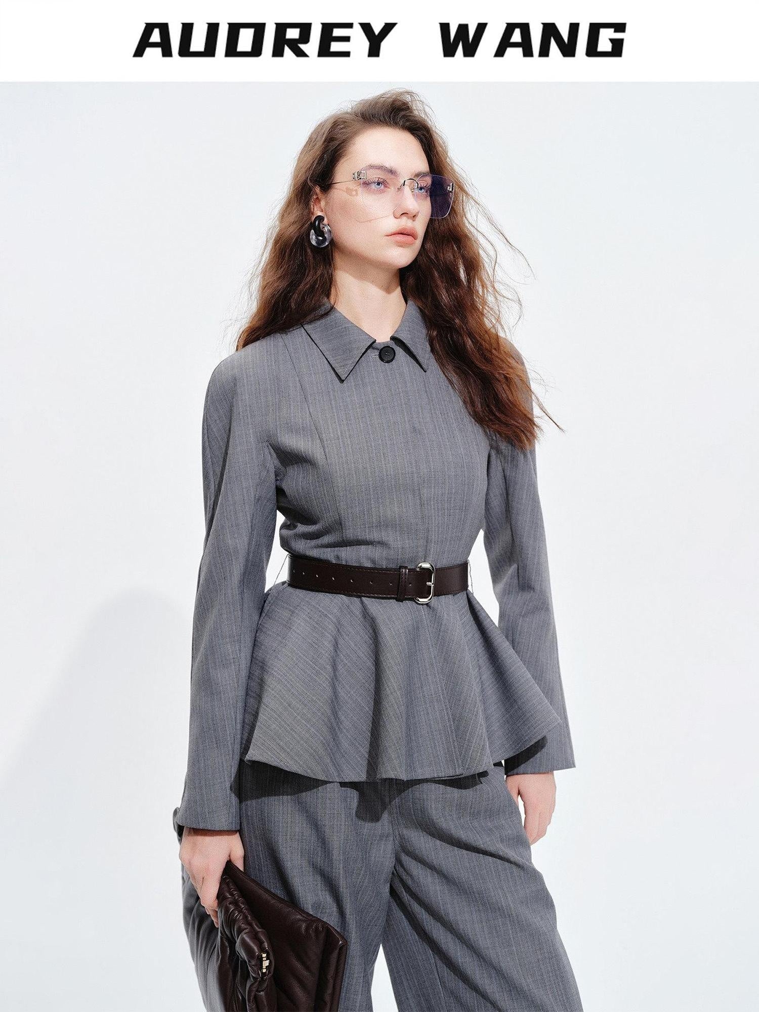 audreyyang Shape Retaining Cinched Waist Herringbone Lapel Women Wool Blend Cropped Jackets