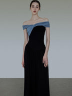 unspoken High Waist Colorblock V-neck A Line Viscose Knit Casual Women Maxi Dresses