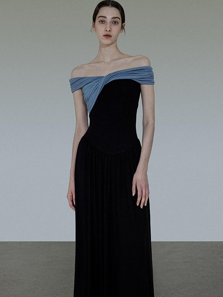 unspoken High Waist Colorblock V-neck A Line Viscose Knit Casual Women Maxi Dresses