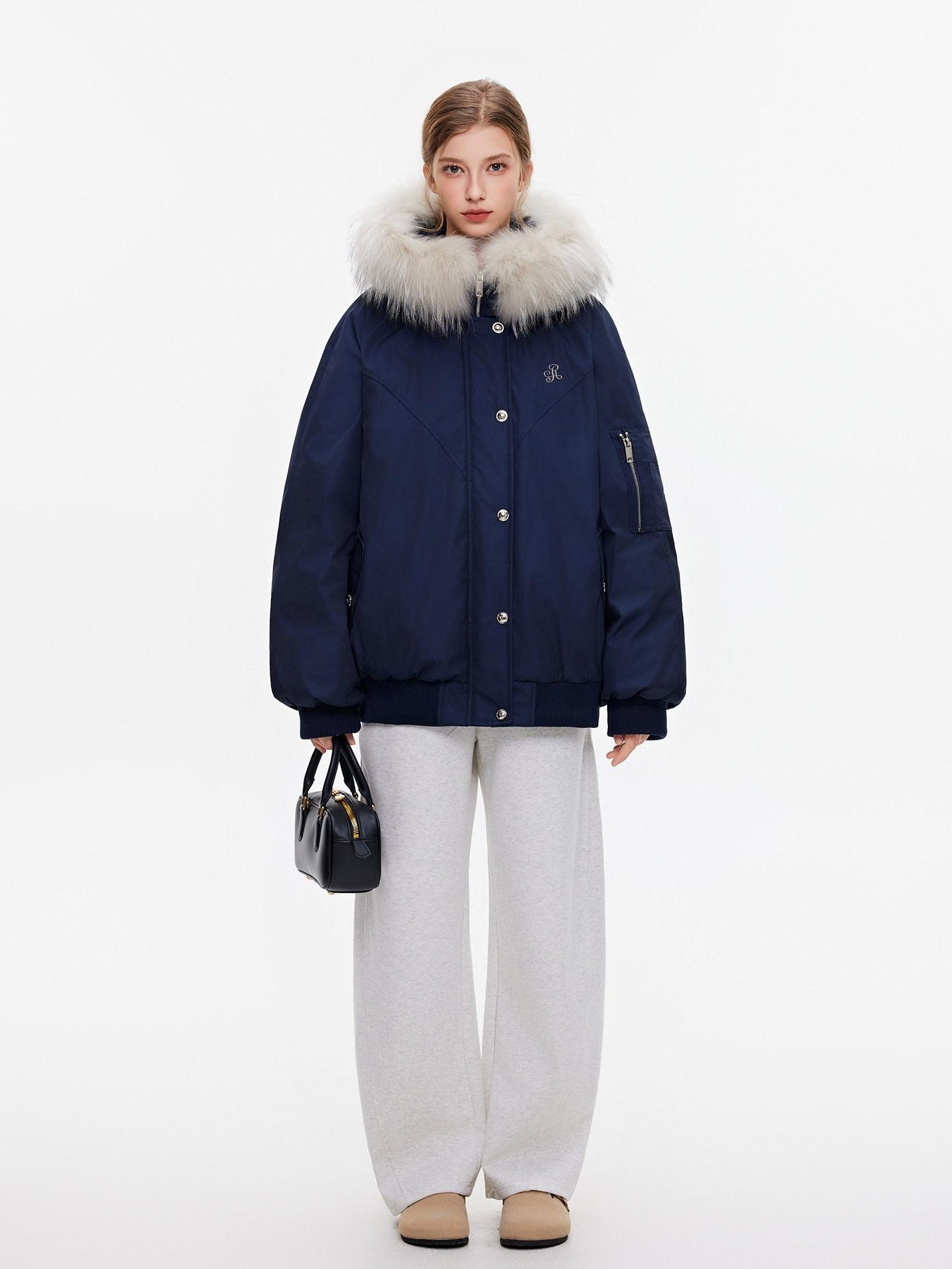 ikyou 90 Percent White Duck Down Oversized Korean Hooded Fur Collar Navy Down Jackets