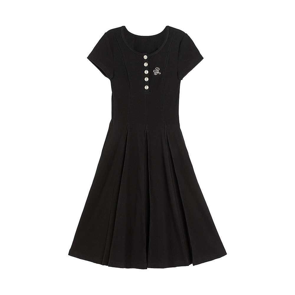 ikyou_Soft_Stretch_Cotton_Cinched_Waist_A_Line_U_Neck_Short_Sleeve_Black_Maxi_Dresses_MISSTT