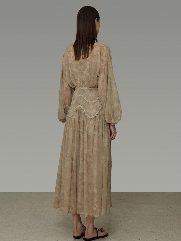 unspoken Casual Jacquard A Line Natural Waist Long Sleeve U Neck Khaki Women Maxi Dresses