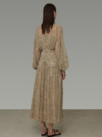 unspoken Casual Jacquard A Line Natural Waist Long Sleeve U Neck Khaki Women Maxi Dresses