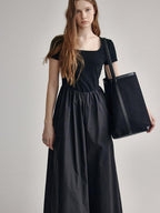 fano Cotton High Waist A Line Square Neck Short Sleeve Office Casual Maxi Dresses
