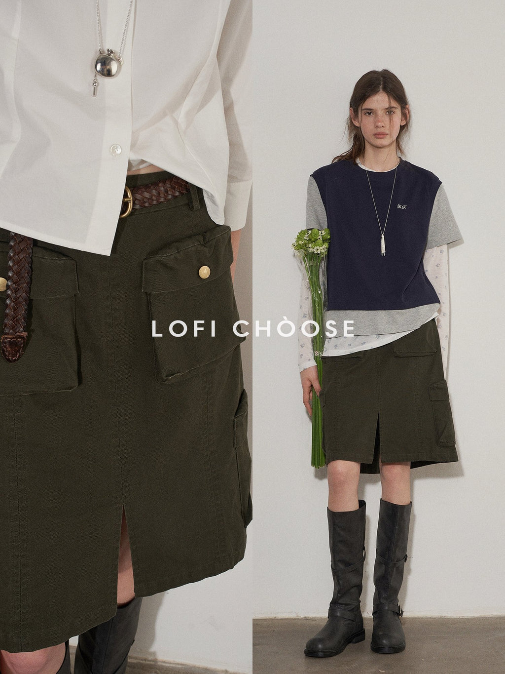Lofi choose High Waist Cotton Slit H Line Loose Office Women Seaweed Green Midi Skirts