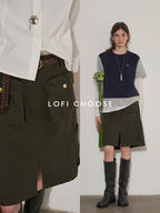 Lofi choose High Waist Cotton Slit H Line Loose Office Women Seaweed Green Midi Skirts