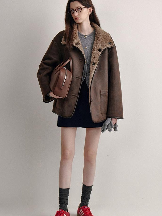fano Reversible Vintage Straight Stand Collar Women Coffee Brown Short Coat