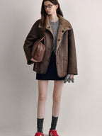 fano Reversible Vintage Straight Stand Collar Women Coffee Brown Short Coat