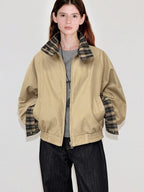 fano Reversible Casual Loose Stand Collar Zip Women Khaki Plaid Cropped Jackets