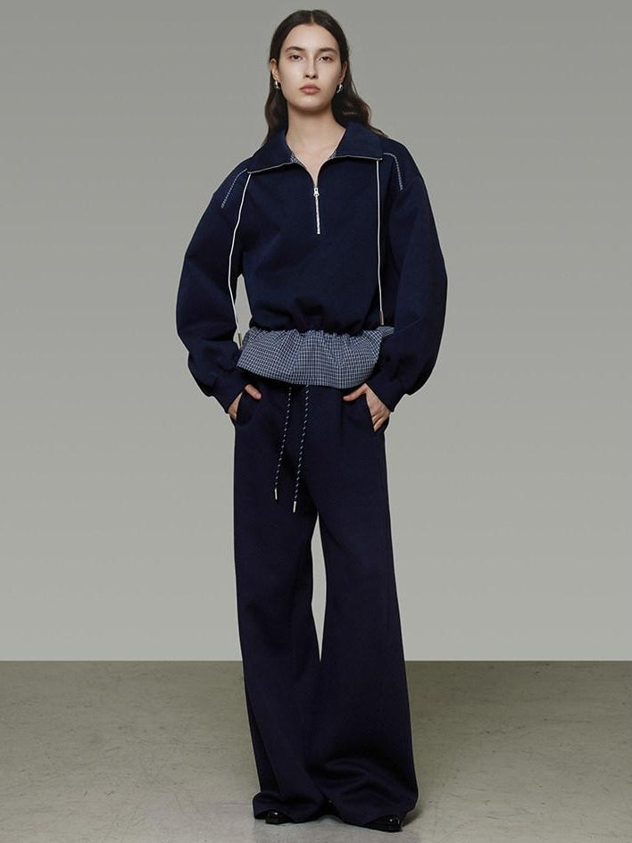 unspoken Breathable Soft Cotton Minimal Mid Rise Drawstring Navy Women Wide Leg Pants
