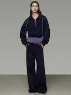 unspoken Breathable Soft Cotton Minimal Mid Rise Drawstring Navy Women Wide Leg Pants