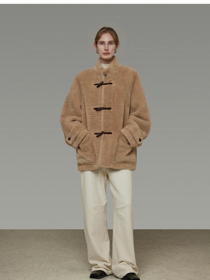 unspoken Warm Fur Lined Oversized Stand Collar Khaki Women Short Coat