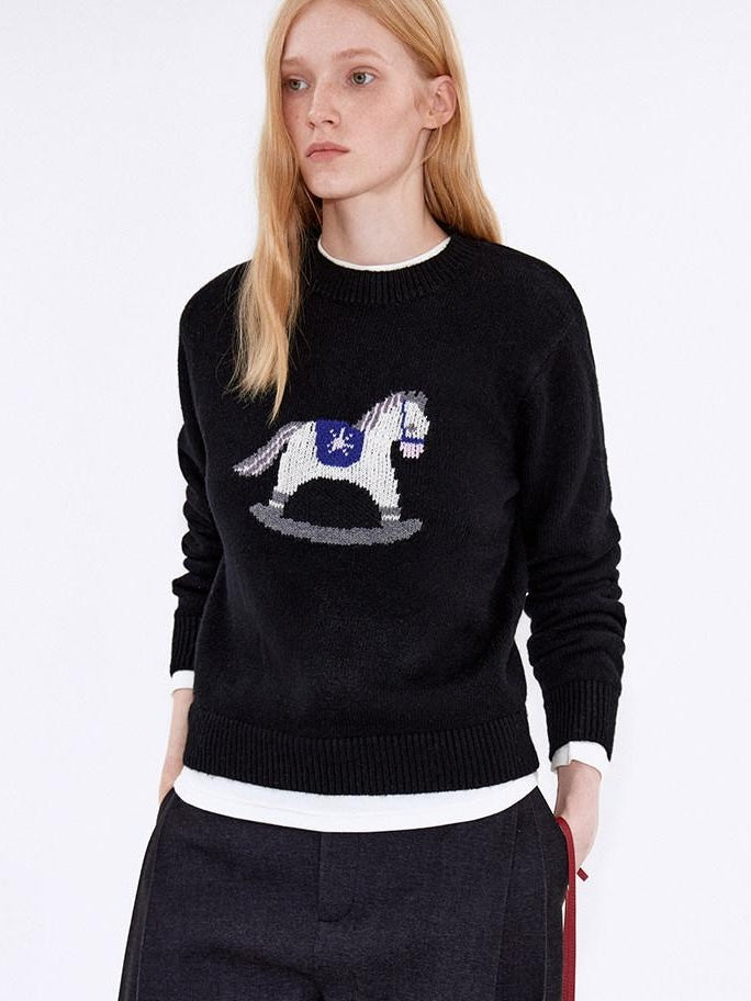 fano Cozy Acrylic Wool Blend Loose Pullover Crewneck Cute Animal Black Sweaters