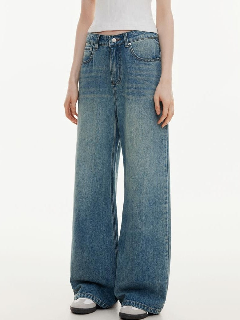 ikyou Washed Distressed Loose Casual Natural Waist Denim Blue Everyday Wide Leg Jeans
