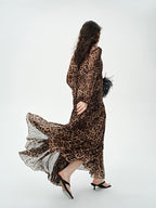audreyyang Silk Blend Leopard Print A Line Fitted Waist Long Sleeve Vacation Maxi Dresses