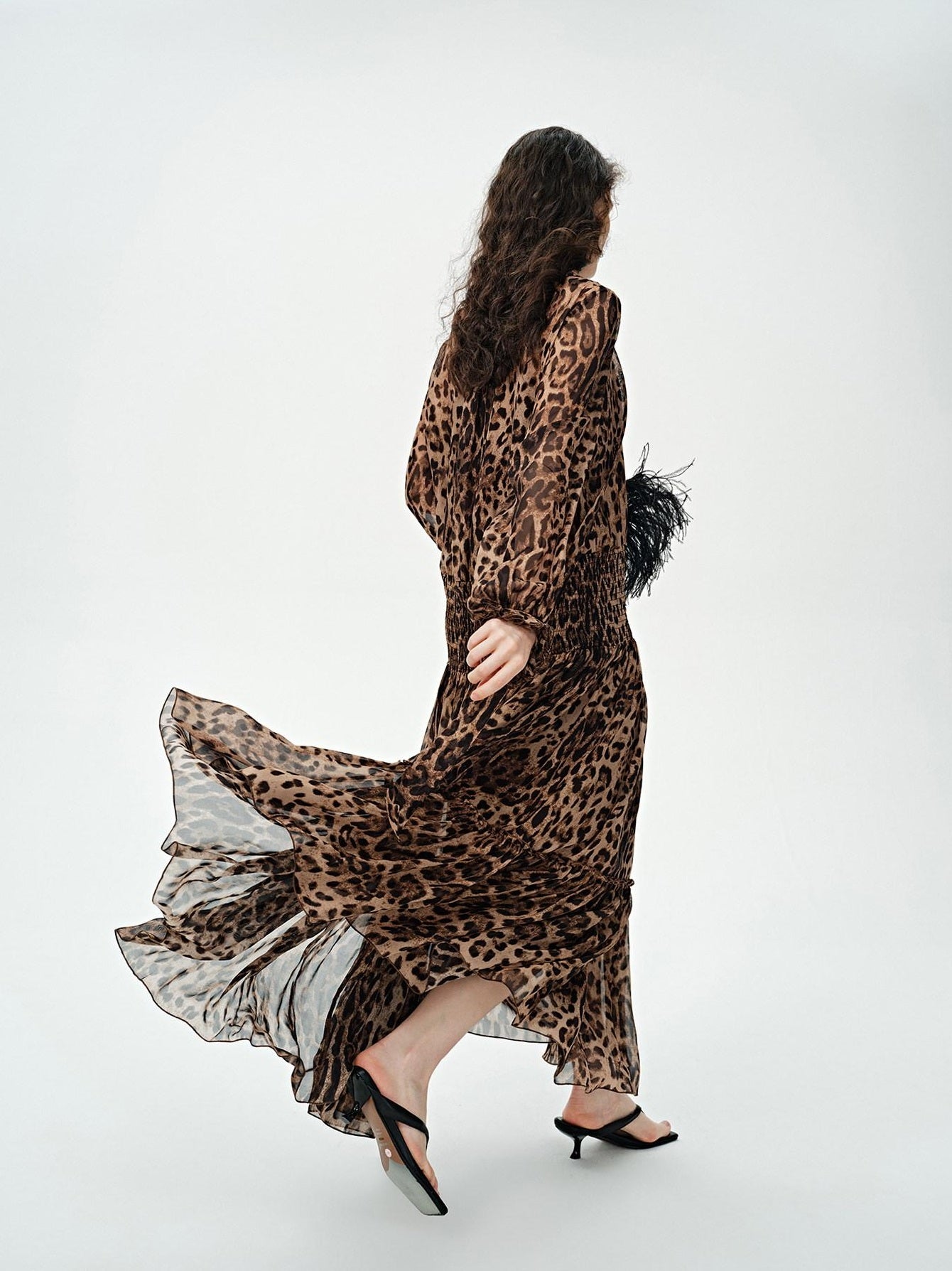 audreyyang Silk Blend Leopard Print A Line Fitted Waist Long Sleeve Vacation Maxi Dresses