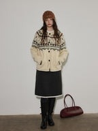 Lofi choose Soft Thick Knit Retro Geometric Button Front Round Neck Women Cream Cardigans