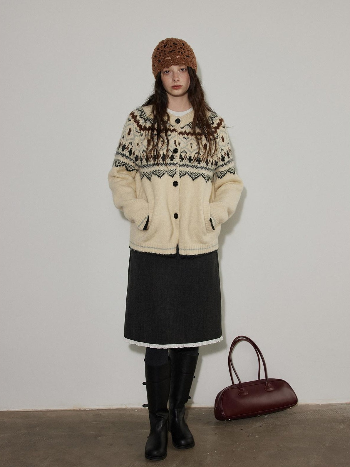 Lofi choose Soft Thick Knit Retro Geometric Button Front Round Neck Women Cream Cardigans