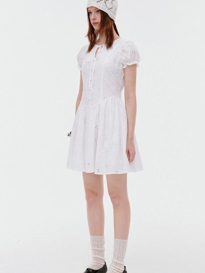 fano Pure Cotton Breathable Korean Workwear A Line Round Neck White Midi Dresses