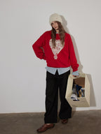 Lofi choose Fleece Lined Loose Fit Crewneck Pullover Commuter Red Navy Sweatshirt