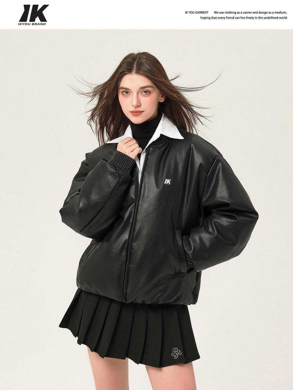ikyou Thick Pu Minimal Commuter Straight Fit Stand Collar Black Leather Jackets