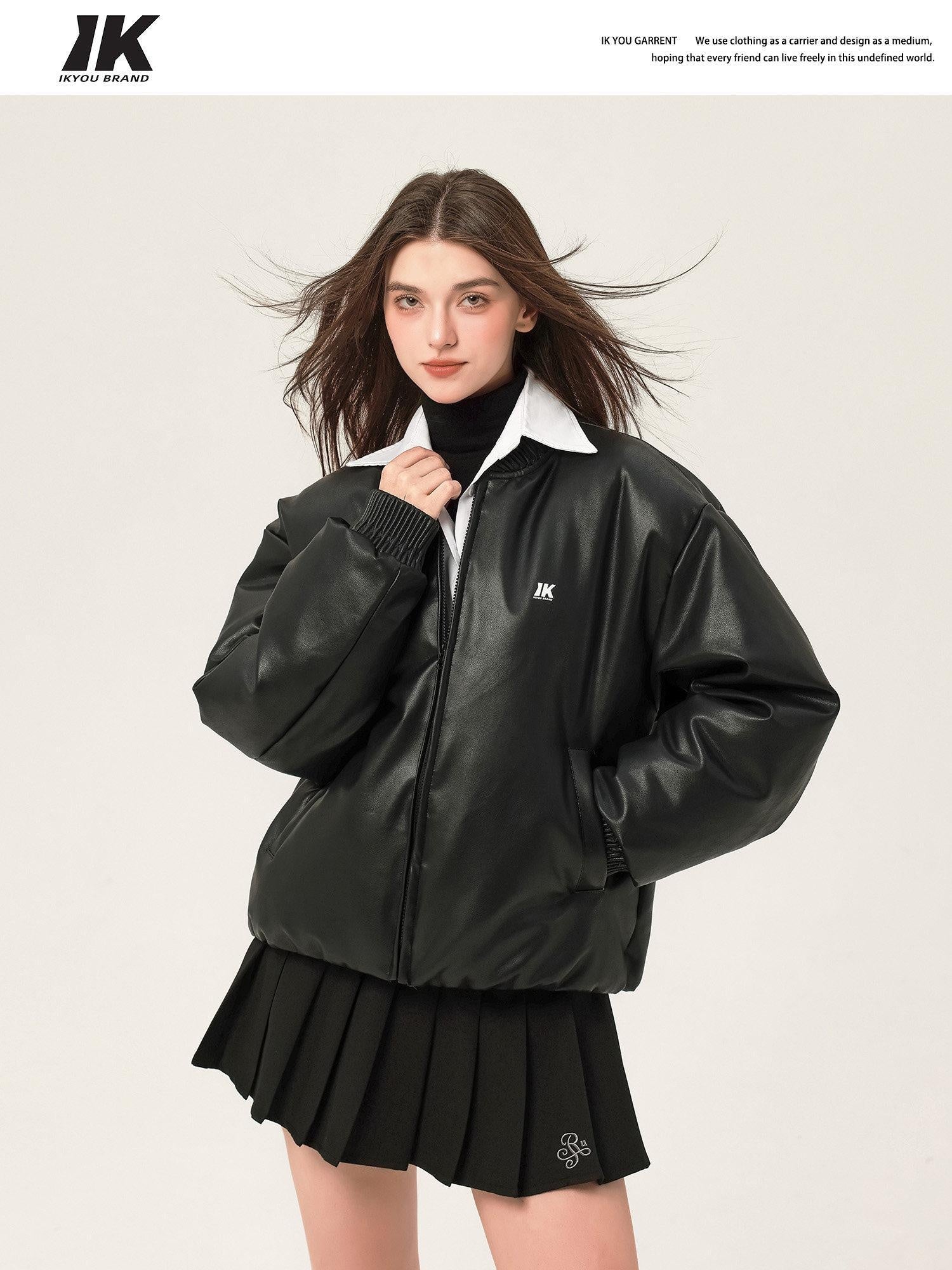ikyou Thick Pu Minimal Commuter Straight Fit Stand Collar Black Leather Jackets