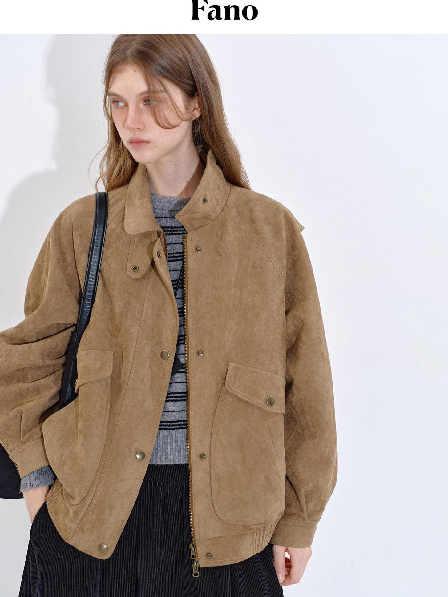 fano Pocketed Khaki Loose Fit Commuter Stand Collar Youth Polyester Bomber Jackets