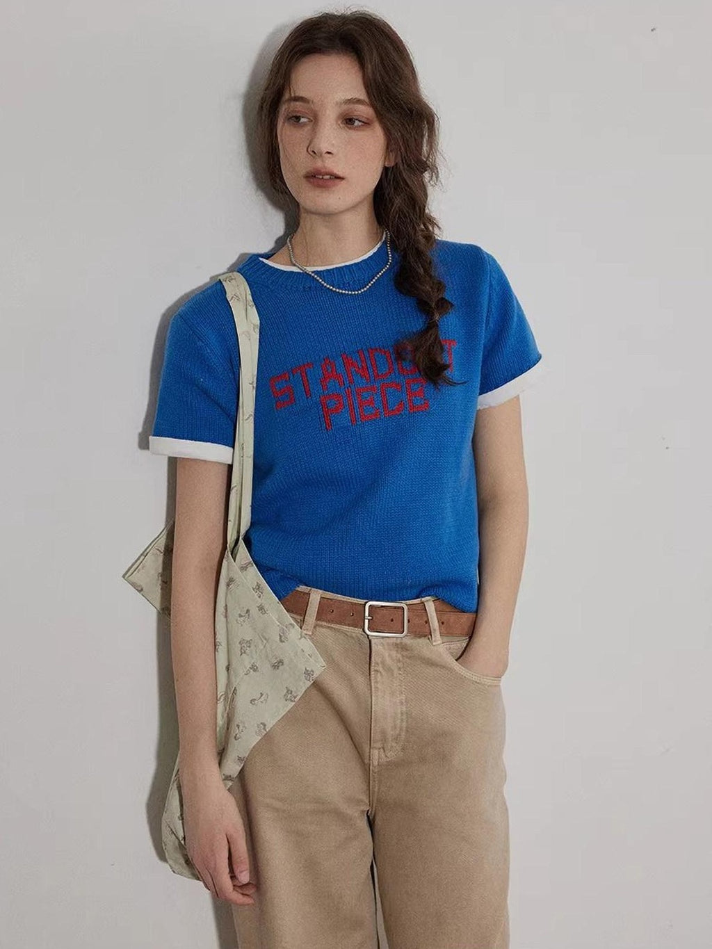 Lofi choose Relaxed Knit Button Round Neck Midlength Letter Print Blue Short Sleeve T-Shirts
