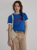 Lofi choose Relaxed Knit Button Round Neck Midlength Letter Print Blue Short Sleeve T-Shirts
