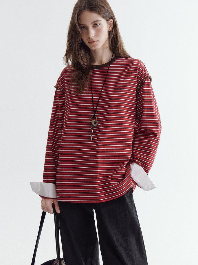 fano Comfort Cotton Stretch Striped Korean Loose Fit Women Long Sleeve T-Shirts