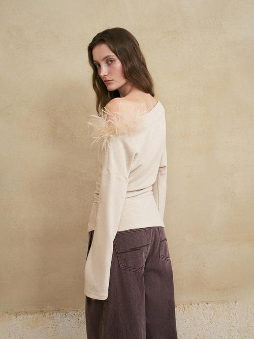 someonesometimes 3D Embellished Asymmetrical Neck Slim Crop Knit Wool Blend Sweaters