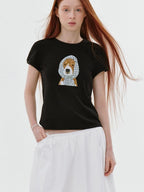 fano Viscose Blend Korean Slim Fit Crew Neck Animal Print Women Short Sleeve T-Shirts
