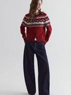 fano Warm Sheep Wool Jacquard Loose Korean Commuter Crewneck Red Women Cardigans